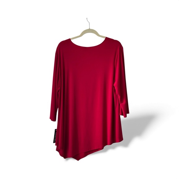 CARIBE Red 3/4 Sleeve V Neck TUNIC TOP 1XL Pullover Asymmetrical Hem Stretch NEW - Picture 3 of 8